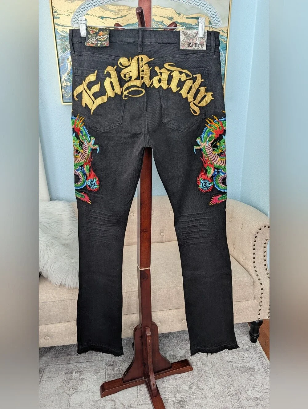 NEW Ed Hardy Men's Black Dragon Embroidered Jeans Sz 34